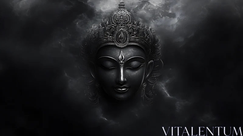 Divine serene face emerges from stormy monochrome clouds