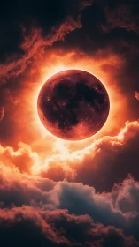 Lunar eclipse sphere framed by incandescent storm clouds.