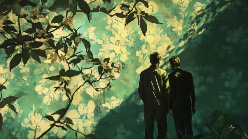 Two figures before floral wall under filtered daylight.