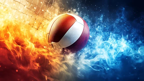 Volleyball suspended between fire and ice in dynamic contrast