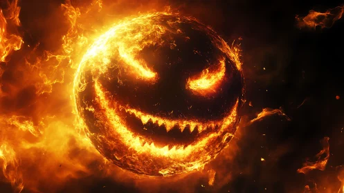 Solar pumpkin demon ignites space with molten Halloween grin.