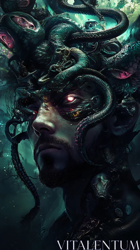 Mythic medusa hybrid with glowing cybernetic serpents.