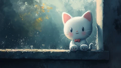 Cute white cartoon cat toy sitting on a moody window sill.