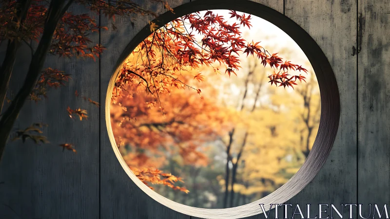 Circular window framing maple foliage in soft autumn bokeh.