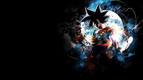 Saiyan warrior stands amid explosive cosmic energy burst.