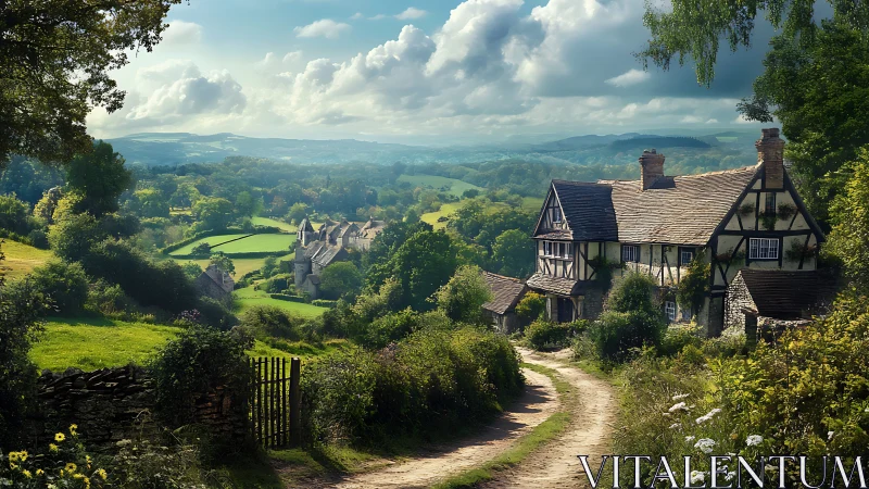 Rural hillside village with cottage and winding dirt track.