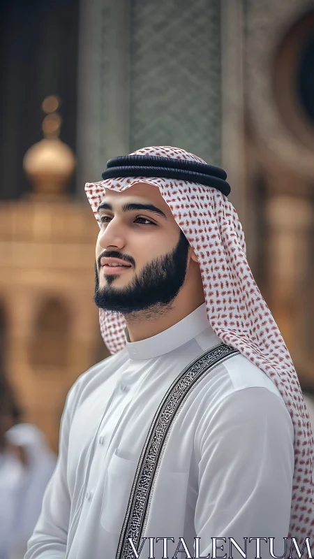 Man in traditional attire stands outdoors in soft daylight