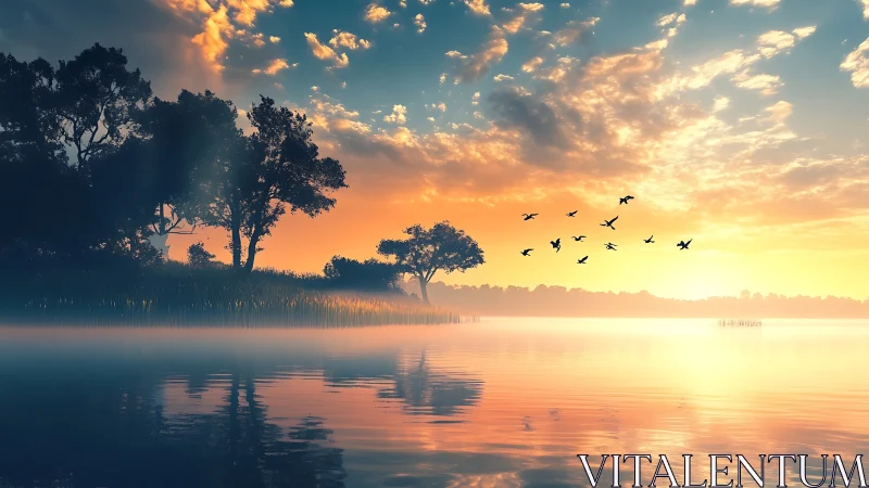 Soft sunrise over misty lake with drifting birds in flight.