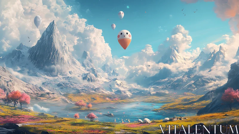 Playful sky balloons drifting over a dreamy mountain valley.