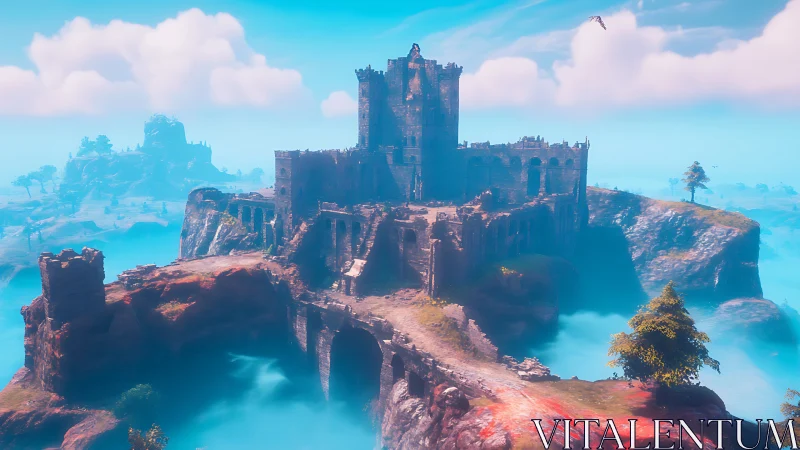 Medieval Castle on Rocky Island in Turquoise Ocean.