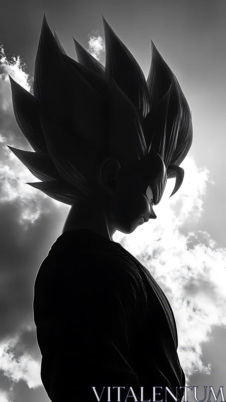 Brooding anime warrior stands tall against glowing skies.