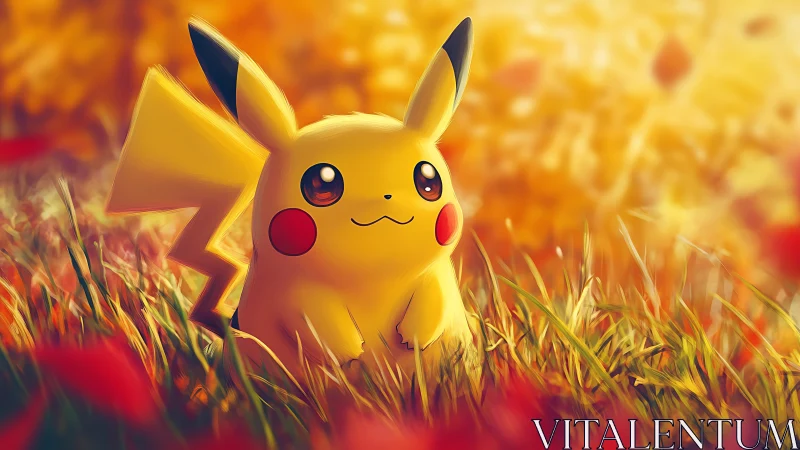 Pikachu rests in a glowing autumn meadow of golden light