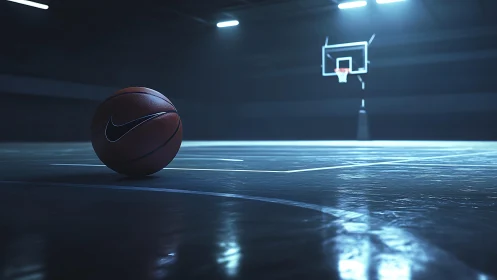 Indoor basketball court with branded ball in low light.