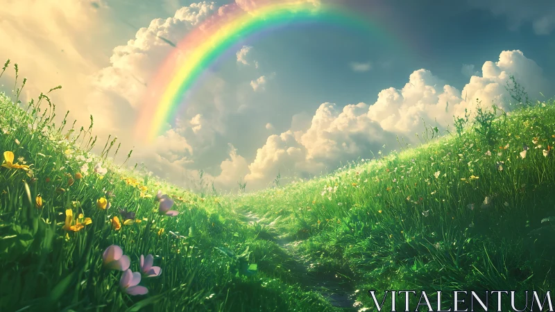 Curved meadow path extends beneath dense clouds and rainbow