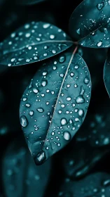 Macro botanical close-up of teal leaves with raindrops.