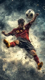 Soccer player in midair striking ball amid debris cloud.