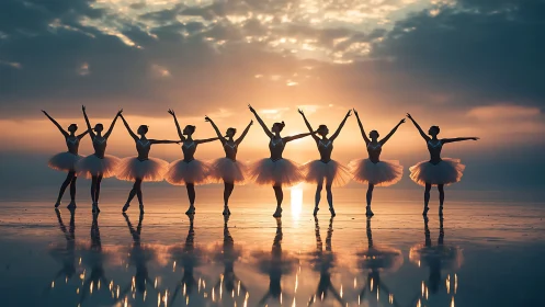 Sunlit ballet silhouettes poised on mirrored shoreline at dusk.