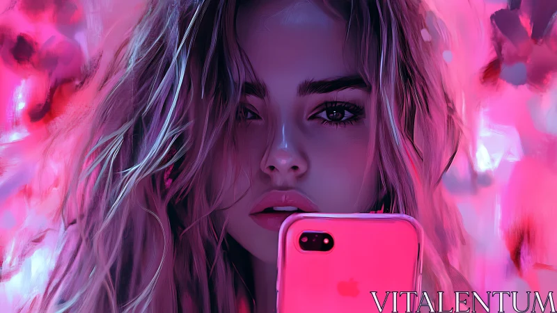 Soft neon portrait glows as a young woman frames her selfie