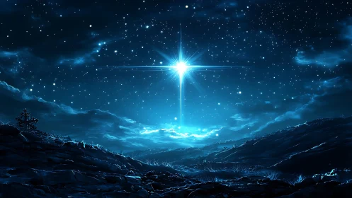 Night landscape beneath prominent star in dense sky field.