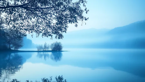 Gentle blue lake morning invites quiet reflection and calm