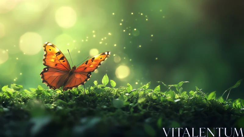 Vibrant orange butterfly resting on moss in dreamy nature scene.