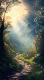 Mountain Valley Canyon Bathed in Radiant Golden Sunlight Through Forest Canopy