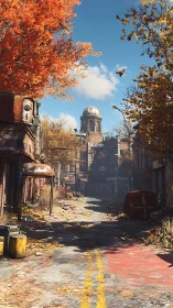 Post-war autumn street with decayed storefronts and domed tower
