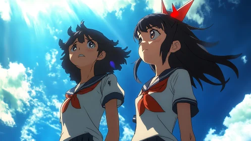 Anime schoolgirls gaze skyward under dramatic backlighting