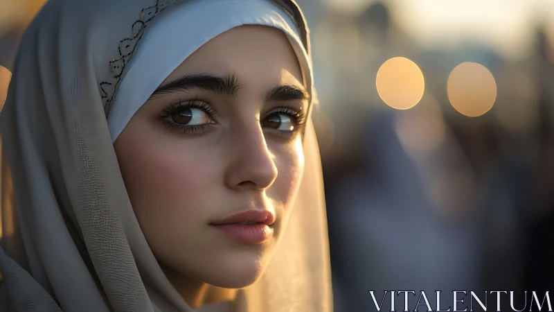 Portrait of a Young Woman in Hijab, Soft Golden Hour Lighting.