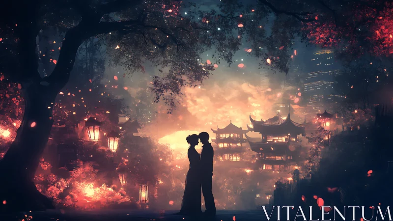 Silhouetted Couple Amidst Incandescent Particles Against Oriental Architecture.