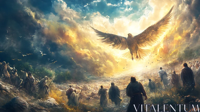 Radiant sky eagle ushers robed pilgrims through burning clouds