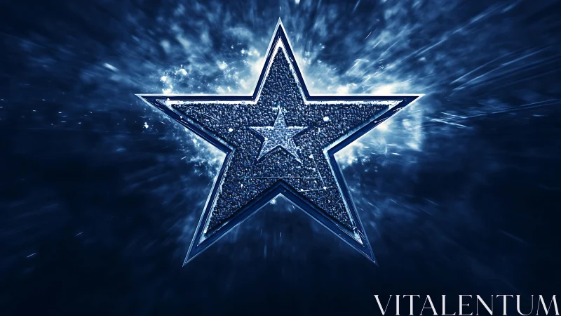 Metallic blue star emblem with glowing burst background.