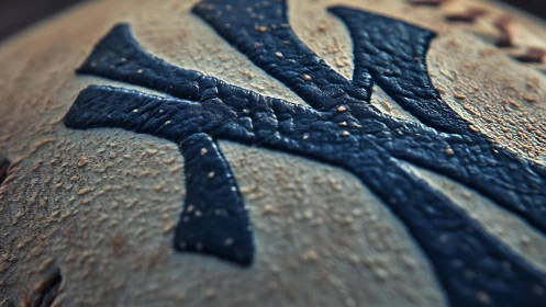 Macro closeup logo embossed on worn leather surface.