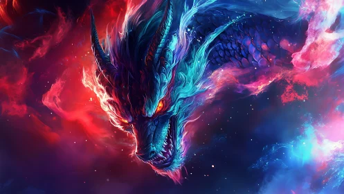 Celestial dragon head emerges through neon cosmic nebula
