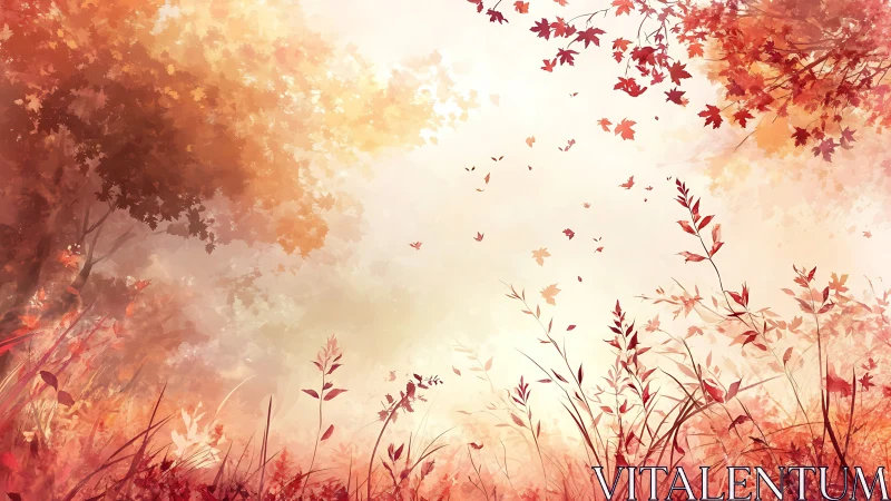 Whispering autumn glade drifting into luminous golden sky.