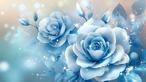 Blue ethereal roses with sparkling bokeh and luminous effects.
