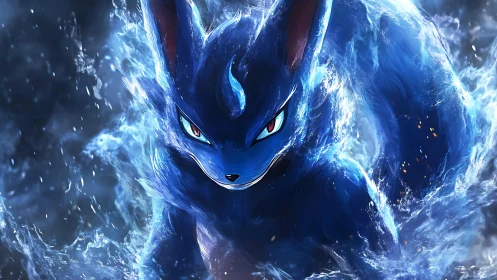 Blue foxlike combat creature surrounded by swirling water.