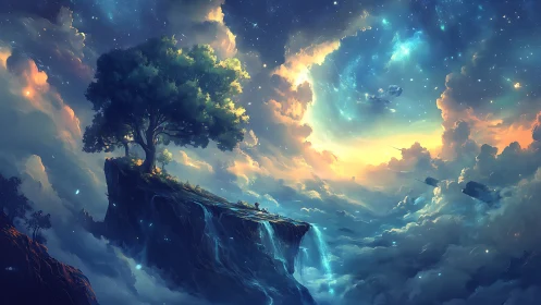 Dreamlit cliffside tree watches over a sky of flowing stars
