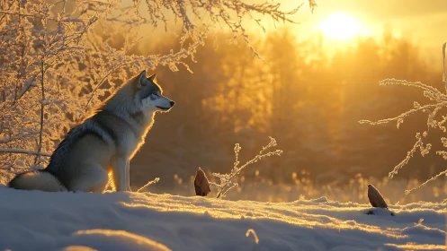 Backlit husky observes winter forest under low golden sun