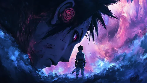 Dual anime warriors in cosmic storm with glowing vortex eye.