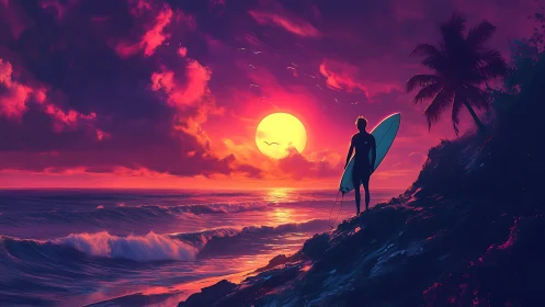 Silhouette of surfer on rocky shore at vivid digital sunset.