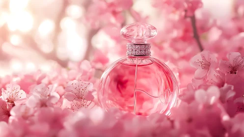 Pink perfume bottle among soft pink cherry blossoms.