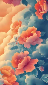 Blooming flowers drift through ethereal clouds and golden light.