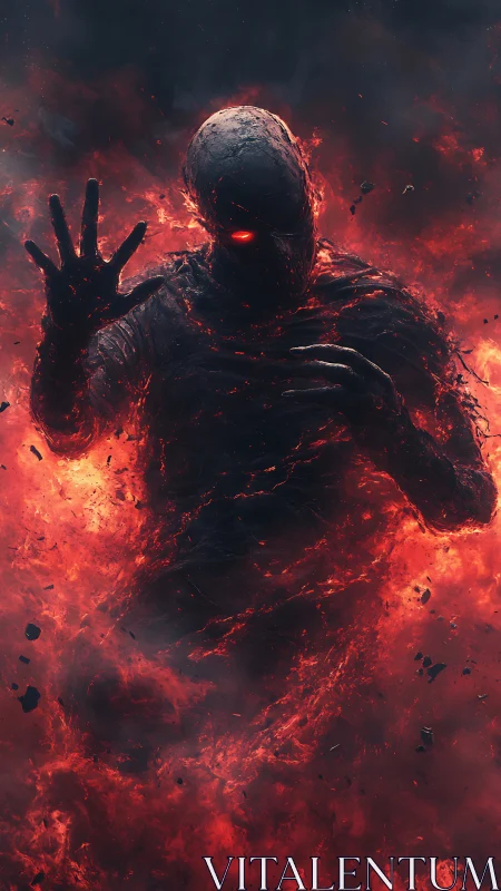 Molten-eyed shadow emerges from a raging inferno of fire