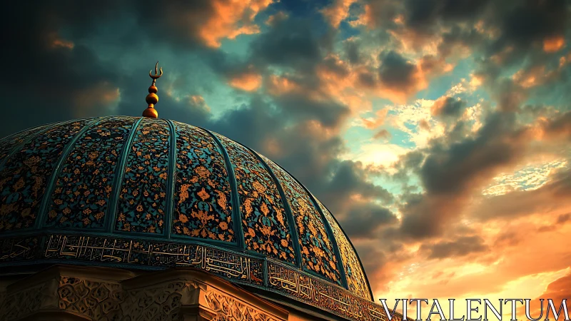 Ornate mosque dome drinks the molten colors of sunset