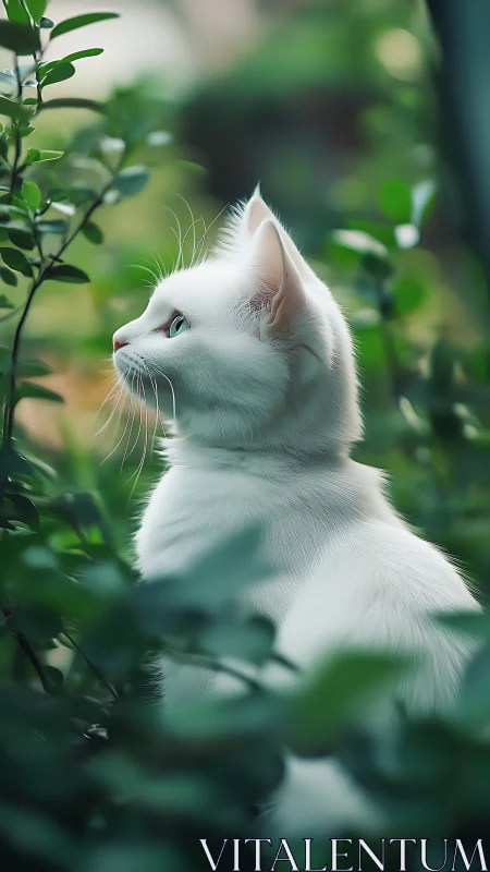 White Feline Specimen in Verdant Environment with Selective Depth.