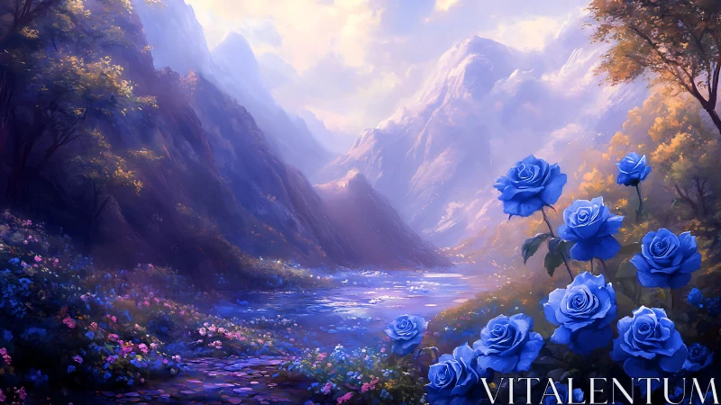 Azure roses guarding a dreamlit river between violet peaks.