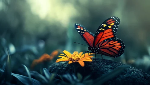 Twilight monarch alights on ember-bright woodland bloom.