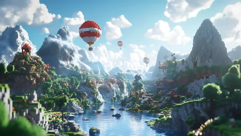 Voxel mountain valley with hot air balloons at sunrise.