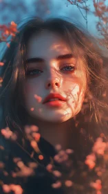Digital portrait with floral bokeh and sunset rim lighting.